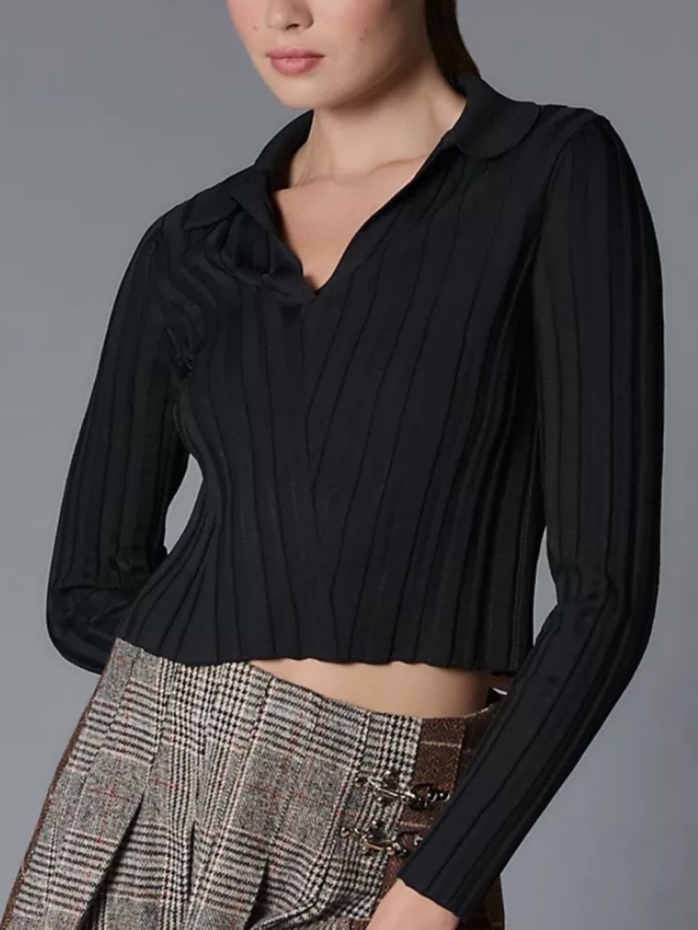 Maeve Anthropologie Black Ribbed Long Sleeve Polo Medium